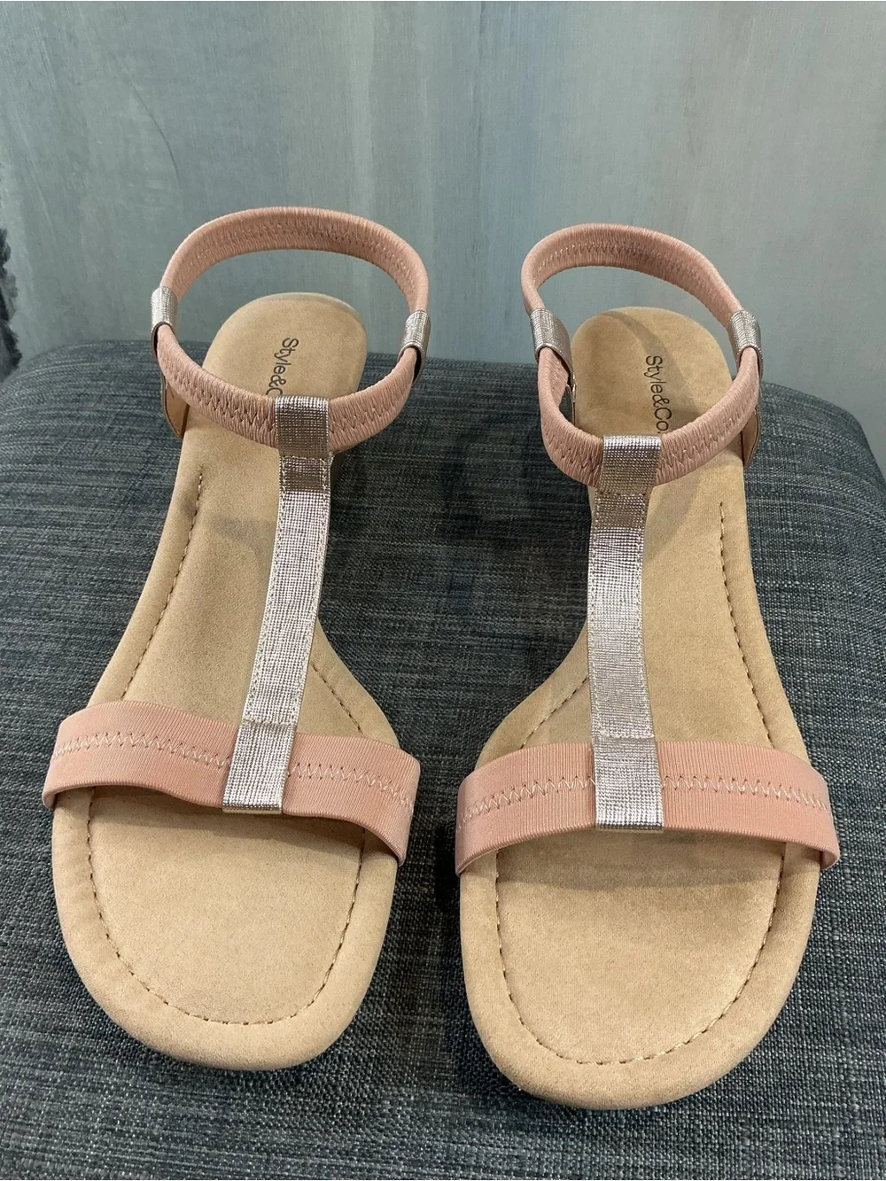 NIB Style & Co. Step ’N Flex Voyage T-Strap Wedge Sandals - Rose Gold - Size 12M